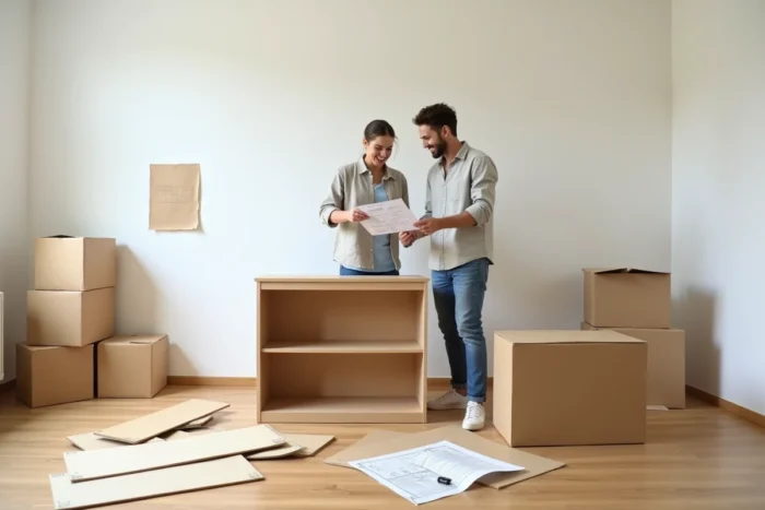 Jeune couple assemblant des meubles en kit avec le sourire dans leur nouvel appartement vide après un déménagement