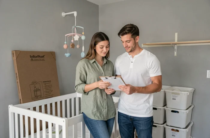 Jeune couple préparant la chambre de bébé avec table à langer et liste de naissance dans un intérieur moderne en cours d'aménagement