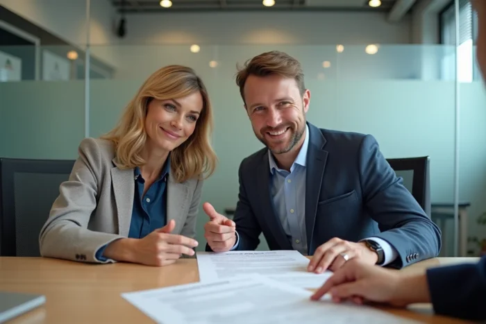 Couple discutant d'un modèle de pré-état daté vierge avec un agent immobilier lors d'un rendez-vous