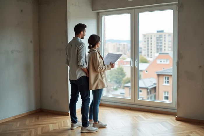 Jeune couple examinant des plans d'appartement dans un logement neuf à rénover