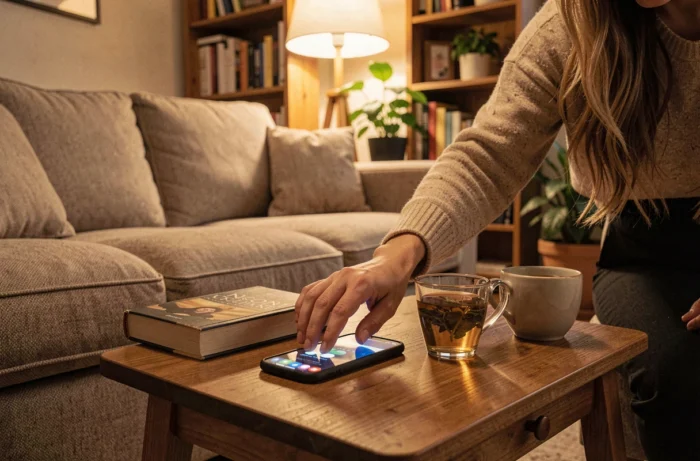 Femme posant son téléphone retourné sur une table basse le soir pour respecter une heure de coupure numérique