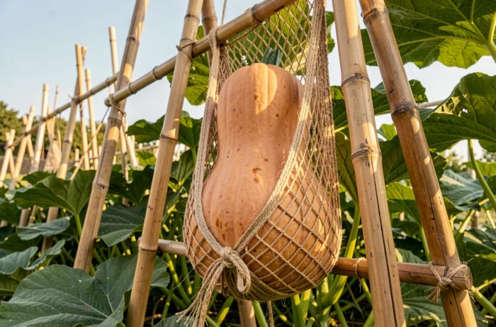 Courge butternut mature suspendue dans un filet en ficelle sur une structure verticale en bambou au jardin