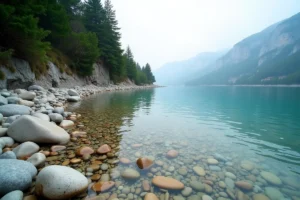 Crique secrète et sauvage au lac du Bourget avec galets et eau turquoise entourée de pins