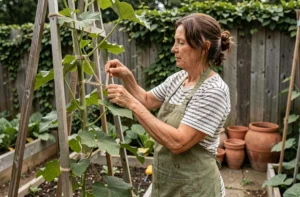 Femme jardinière guidant une tige de courge butternut le long d'un treillis vertical en bois dans un potager
