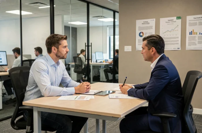 Homme en entretien avec un conseiller Pôle Emploi pour comprendre les règles du cumul emploi-chômage