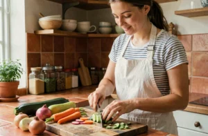 Jeune femme débutante en cuisine découpant des légumes frais sur une planche en bois dans une cuisine chaleureuse