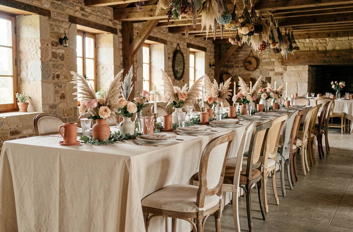 Table de mariage décorée dans une grange en pierre provençale avec herbe de la pampa, roses et bougies terracotta