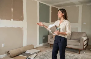 Décoratrice d'intérieur tenant des échantillons de tissus et de couleurs dans un salon en cours de relooking