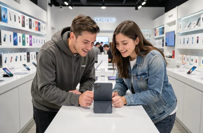 Deux personnes découvrant un smartphone pliable dans un magasin high-tech, univers geek et nouveautés 2024
