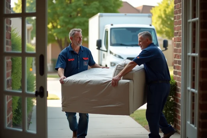 Deux déménageurs professionnels transportant un canapé emballé vers un camion devant une maison pavillonnaire