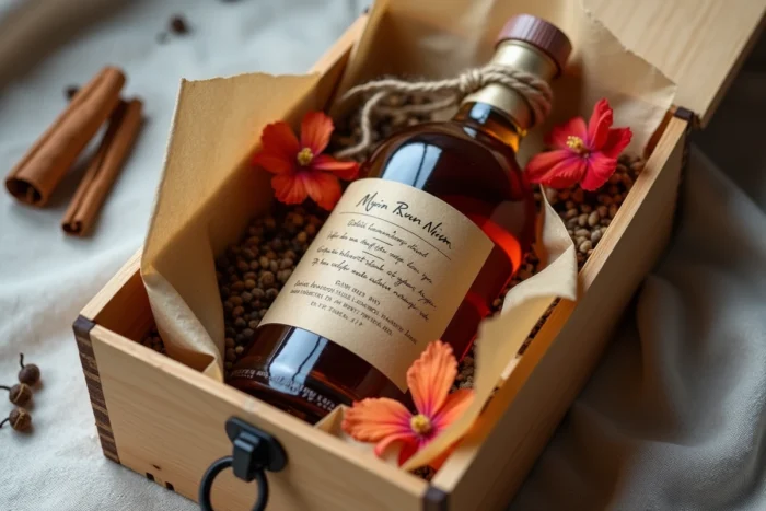 Détail d'un coffret cadeau en bois contenant un rhum arrangé avec épices et carte recette manuscrite