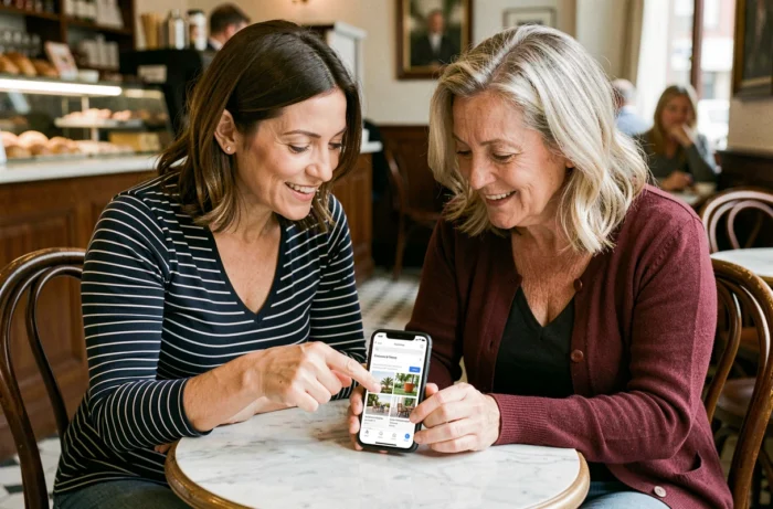 Deux femmes découvrant ensemble les rubriques du site Madame Gertrude sur un smartphone dans un café