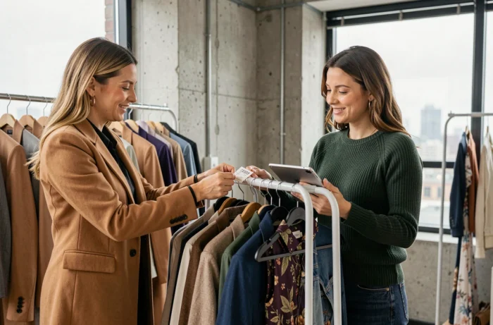 Deux femmes triant des vêtements de créateurs sur un portant pour les mettre en vente sur Vinted dans un appartement moderne