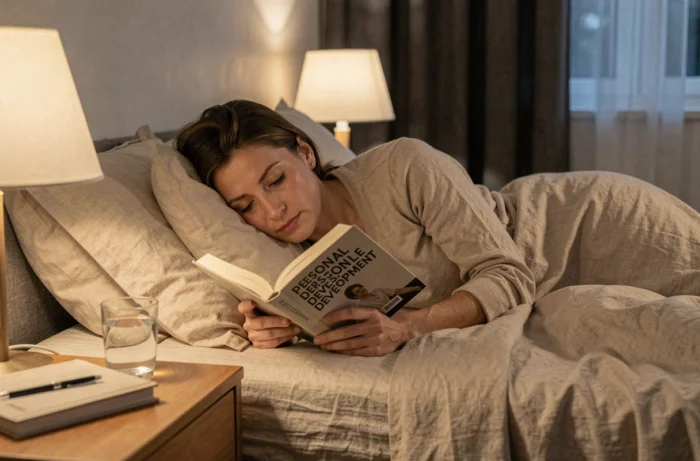 Femme lisant un livre de développement personnel allongée dans son lit dix minutes avant de dormir dans une chambre apaisante