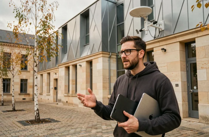 Développeur discutant des enjeux de connectivité 5G devant un bâtiment technologique à Poitiers