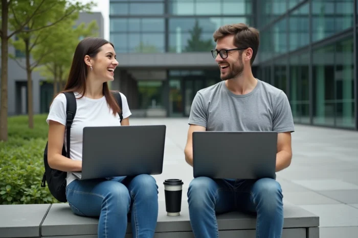 Deux développeurs collaborant en extérieur sur des projets open source avec leurs ordinateurs portables dans une cour urbaine moderne