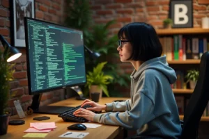 Développeuse concentrée travaillant sur un projet open source avec un terminal Linux affiché sur son écran dans un espace de coworking moderne