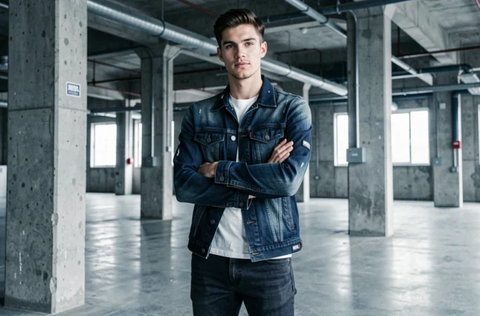 Homme en veste en jean Diesel indigo foncé et jean slim, style denim industriel années 2000