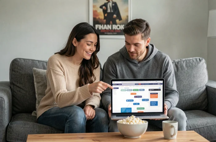 Deux amis explorant ensemble le plan de site d'une plateforme cinéma sur un canapé