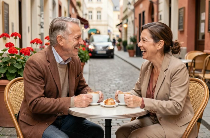 Deux amis d'une cinquantaine d'années engagés dans une conversation non numérique en face à face autour d'un café en terrasse