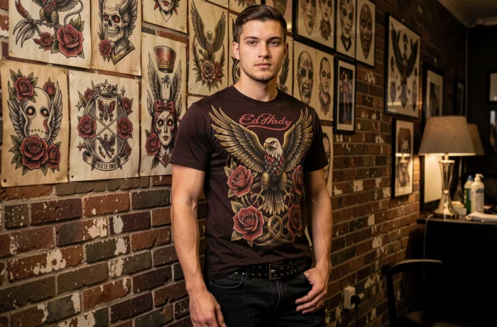 Homme en t-shirt Ed Hardy avec imprimé tatouage aigle et roses, style rock années 2000 dans un salon de tatouage