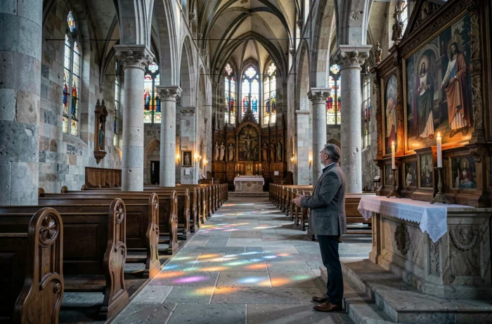 Intérieur de l'église Saint-Gildas d'Auray avec ses colonnes en granit, ses vitraux colorés et son mobilier religieux ancien