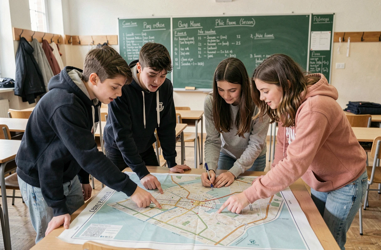 Groupe d'élèves du secondaire en train d'organiser un voyage scolaire autour d'une carte