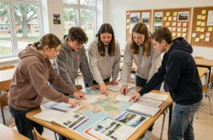 Groupe d'élèves du secondaire planifiant ensemble un séjour scolaire autour d'une table couverte de cartes et documents dans une salle de classe