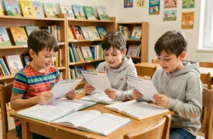 Trois enfants de CE2 autour d'une table en bois comparant leurs fiches de rallye lecture dans une salle de classe française