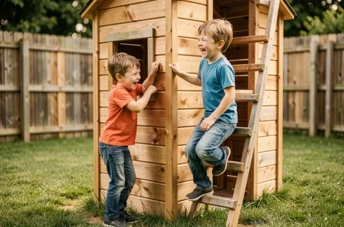 Deux enfants jouant autour d'une maisonnette en bois dans un jardin, l'un regardant par la fenêtre et l'autre montant à l'échelle