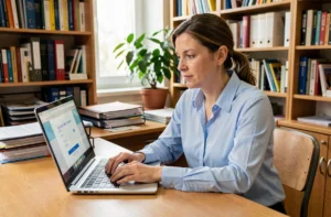 Enseignante connectée au webmail académique sur un ordinateur portable dans un bureau scolaire