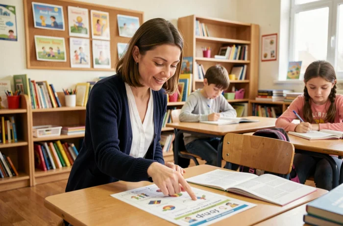 Enseignante de CE2 guidant un élève dans la compréhension de sa fiche de rallye lecture en classe