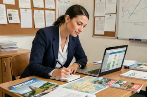 Enseignante planifiant un voyage scolaire à son bureau avec cartes et ordinateur portable