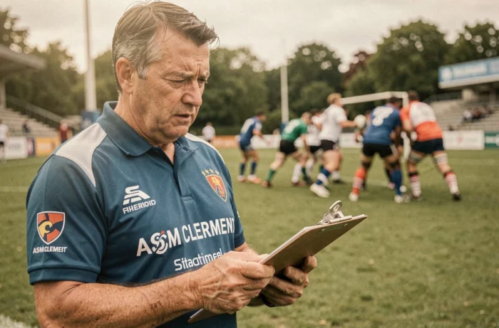 Entraîneur de l'ASM Clermont concentré sur son plan de jeu en bordure de terrain, reflétant la gestion des incertitudes liées aux rumeurs de transfert dans le rugby professionnel