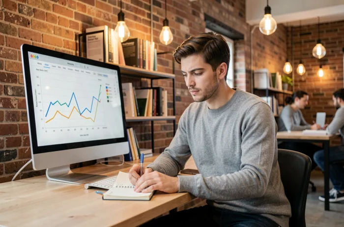 Jeune entrepreneur analysant des données de croissance et de marketing dans un espace de coworking