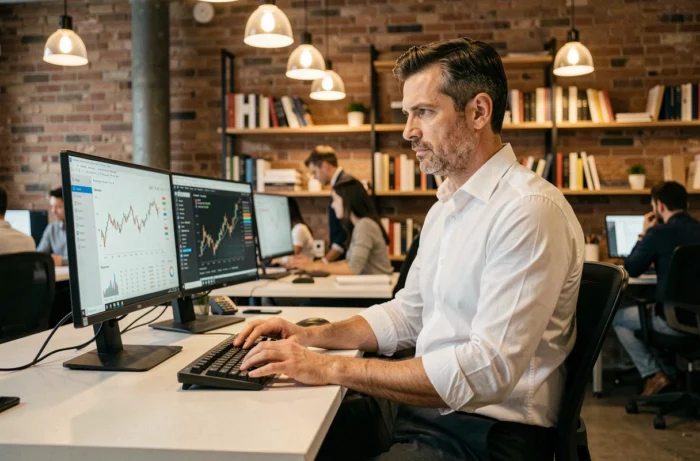 Entrepreneur analysant des données financières sur double écran dans un espace de coworking tendance, tendances business incontournables 2024