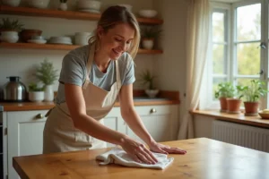 Femme entretenant une table en chêne massif avec de la cire d'abeille dans une cuisine chaleureuse aux carreaux terracotta