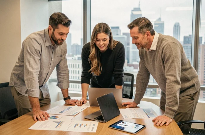 Équipe de professionnels collaborant autour de données marketing dans une salle de réunion