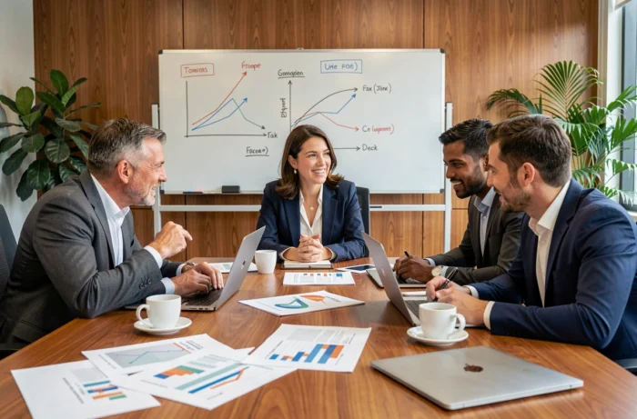 Équipe de professionnels en réunion stratégique dans une salle de conférence moderne, actualités et tendances des affaires en 2024