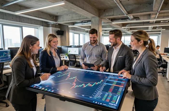 Équipe de traders professionnels analysant les tendances boursières sur un écran interactif dans une salle de marché moderne