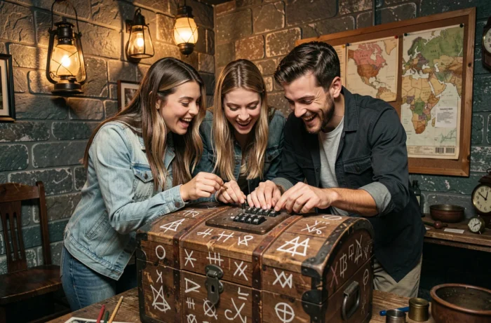 Trois amis français enthousiastes explorant une salle d'escape game avec des énigmes