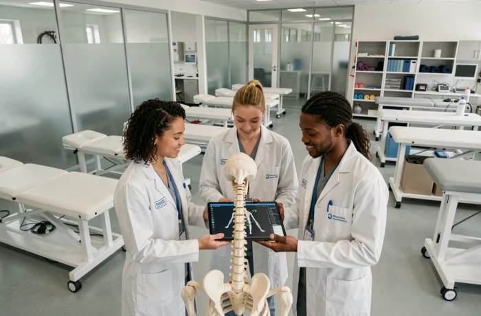 Étudiants en physiothérapie collaborant autour d'un logiciel de biomécanique 3D dans un laboratoire universitaire français moderne
