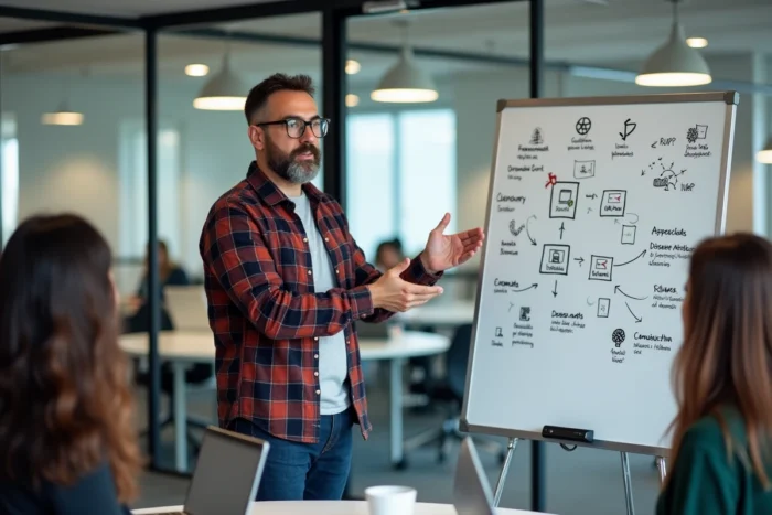 Expert en logiciels libres présentant une architecture de solutions open source sur un tableau blanc dans une salle de réunion de startup technologique