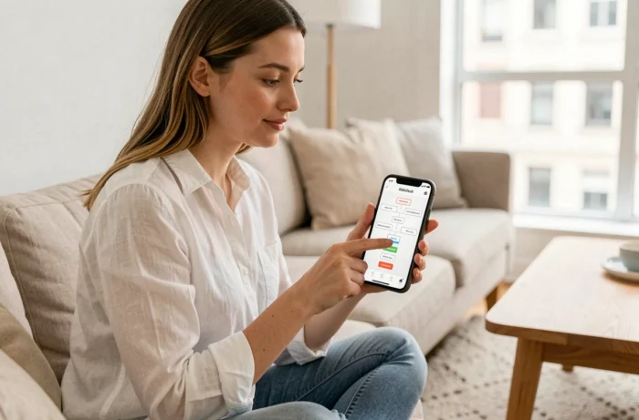 Jeune femme explorant le plan du site d'un magazine en ligne sur smartphone dans un salon scandinave