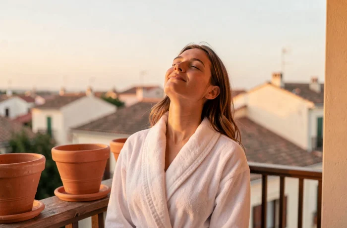 Femme en robe de chambre exposant son visage au soleil naturel sur un balcon dans la première heure du réveil