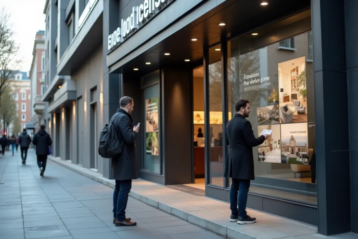 Façade architecturale moderne d'une agence immobilière avec vitrine digitale et un client consultant les annonces depuis la rue