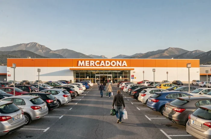 Façade du supermarché Mercadona le plus proche de Bordeaux avec parking rempli de voitures françaises près de la frontière espagnole