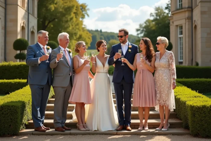 Deux familles de parents des mariés portant un toast au champagne devant un château français lors d'une réception de mariage en plein air