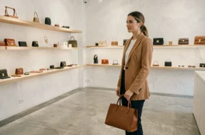 Femme élégante tenant un sac en cuir cognac dans une boutique parisienne minimaliste, illustrant les tendances accessoires 2024