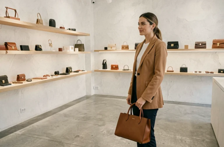 Femme élégante tenant un sac en cuir cognac dans une boutique parisienne minimaliste, illustrant les tendances accessoires 2024
